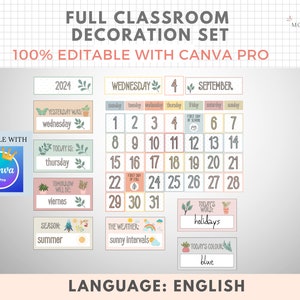 Full Classroom Decoration Pack, 130 pages, EDITABLE with Canva Pro, English, Printable Educational, PDF Template