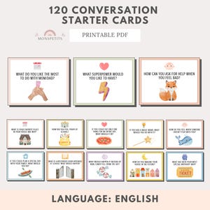 May include: Printable PDF conversation starter cards with 120 prompts. Each card features a question and a watercolor illustration. The cards are designed to spark conversations. The cards are in English.