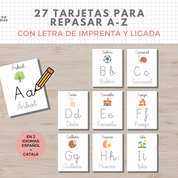 27 Tarjetas Repasar y Escribir, Español, Catalán, Abecedario, Lectoescritura, Imprimible Niños, Homeschooling, Descarga digital, Actividades