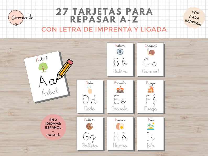 May include: A set of 27 printable flashcards in Spanish and Catalan for learning the alphabet. Each card features a letter of the alphabet, a picture, and the word for the picture. The cards are designed to help children learn to read and write.