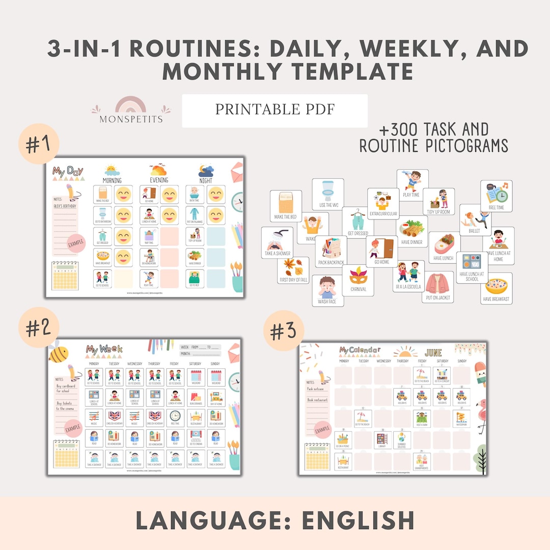 3-in-1 Printable Kids' Routines, Tasks, Habits, Calendar, PDF, Children ...