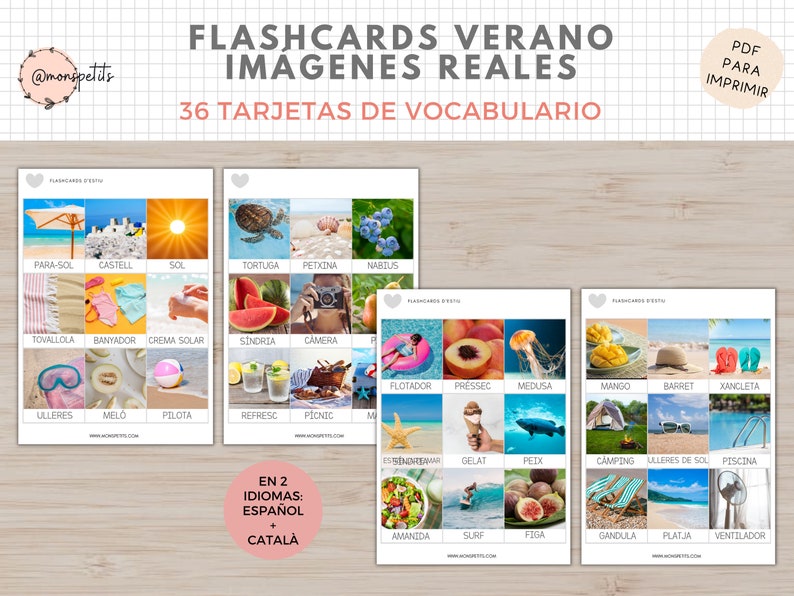 36 Flashcards Vocabulario Verano, Imágenes Reales, Imprimible Niños Español i Català, Homeschooling, Descarga digital, Actividades Educacion image 4