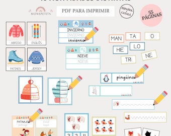 Dossier Materiales Invierno, 18 actividades, 55 páginas, Lectoescritura, Matemáticas, Imprimible, Español, Català, Educación, Homeschooling