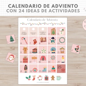 Calendario Adviento Imprimible Rojo, Plantilla con 24 Ideas de Actividades, Navidad, Español, Català, Descarga Digital, Homeschooling