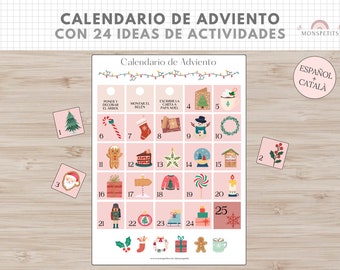 Calendario Adviento Imprimible Rojo, Plantilla con 24 Ideas de Actividades, Navidad, Español, Català, Descarga Digital, Homeschooling