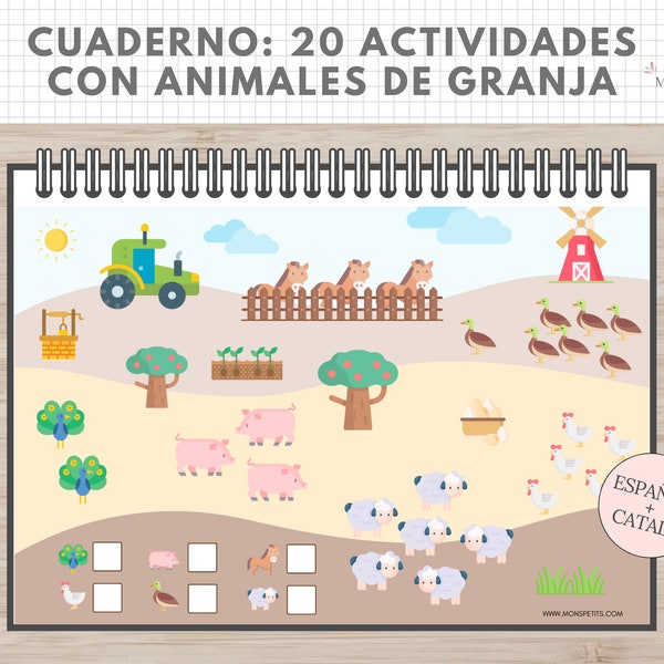 20 Actividades Animales de Granja, Cuaderno Imprimible Niños, Español, Català, Descarga Digital, Educación Infantil, Homeschooling