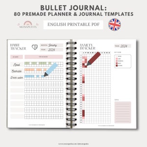 80 plantillas de diario de planificador prefabricadas, imprimibles, plantillas de seguimiento de Bullet Journal, inglés, año en píxeles, organización, descarga digital imagen 3
