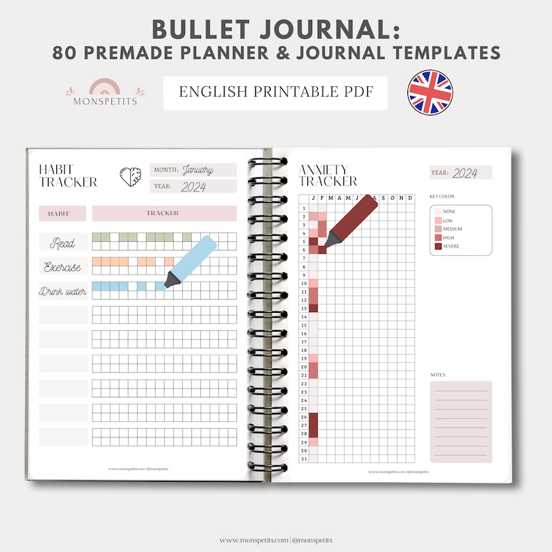 80 plantillas de diario de planificador prefabricadas, imprimibles, plantillas de seguimiento de Bullet Journal, inglés, año en píxeles, organización, descarga digital imagen 3