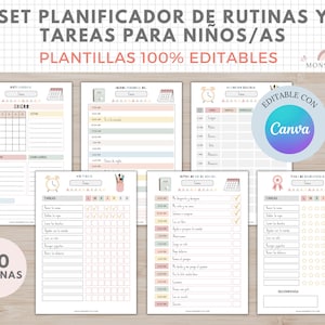 Set Planificador Rutinas y Tareas Niños, IMPRIMIBLE y EDITABLE A4, Español, Plantilla Canva, Organizador, Planner, Educación, Homeschooling