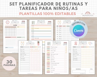 Set Planificador Rutinas y Tareas Niños, IMPRIMIBLE y EDITABLE A4, Español, Plantilla Canva, Organizador, Planner, Educación, Homeschooling