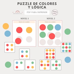 May include: A colour puzzle game with two levels of difficulty. The first level has three rows of circles with different colours. The second level has four rows of circles with different colours. The game is designed to help children learn about colours and logic.