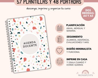 Agenda Docente, 57 plantillas, 48 portadas, Planificador Lecciones, Agenda Maestra, Escolar, PDF Maestro, Español, Català