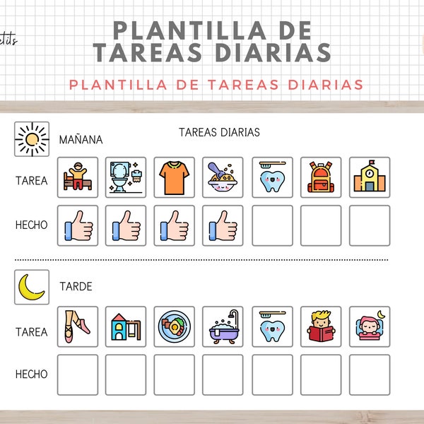 Plantilla de Tareas Diarias - Español - Hábitos y rutinas para Niños - Imprimible educativo