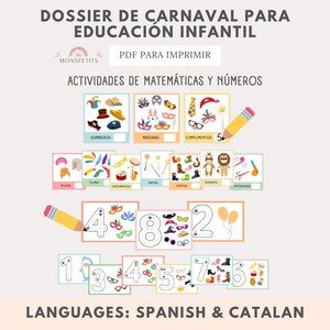 May include: A colorful printable educational activity pack for preschoolers featuring carnival-themed activities for learning math and numbers. The pack includes images of hats, masks, instruments, shoes, and other carnival items. The text on the page reads "DOSSIER DE CARNAVAL PARA EDUCACION INFANTIL" and "ACTIVIDADES DE MATEM&Aacute;TICAS Y N&Uacute;MEROS".