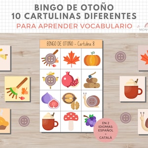 Bingo Temática Otoño, Juego, Vocabulario Niños, Imprimible, Español, Català, Aprendizaje, Descarga Digital, Educación, Homeschooling