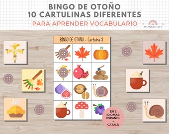 Bingo Temática Otoño, Juego, Vocabulario Niños, Imprimible, Español, Català, Aprendizaje, Descarga Digital, Educación, Homeschooling