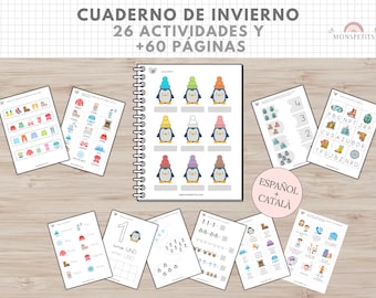 Cuaderno Actividades Invierno, +60 págs, Aprendizaje Niños, Español, Català, Imprimible Educativo, PDF Descarga Digital, Homeschooling