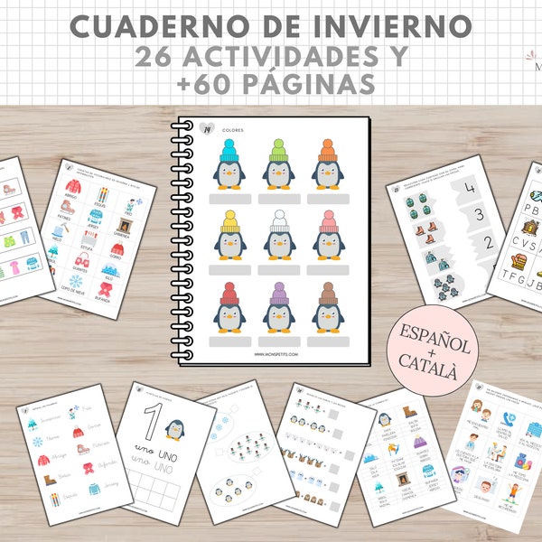 Cuaderno Actividades Invierno, +60 págs, Aprendizaje Niños, Español, Català, Imprimible Educativo, PDF Descarga Digital, Homeschooling