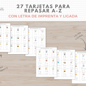May include: A set of 27 printable flashcards for learning the Spanish alphabet. The cards feature both uppercase and lowercase letters, along with illustrations of objects that start with each letter. The text "27 TARJETAS PARA REPASAR A-Z CON LETRA DE IMPRENTA Y LIGADA" is at the top of the image.