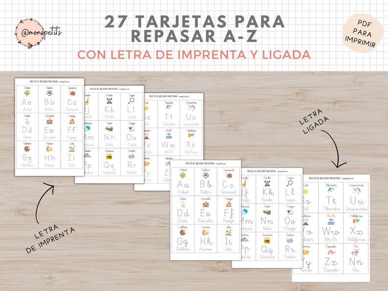 May include: A set of 27 printable flashcards for learning the Spanish alphabet. The cards feature both uppercase and lowercase letters, along with illustrations of objects that start with each letter. The text "27 TARJETAS PARA REPASAR A-Z CON LETRA DE IMPRENTA Y LIGADA" is at the top of the image.