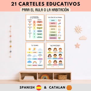 May include: A set of four educational posters featuring Spanish text, including a thermometer of emotions, days of the week, weather conditions, and various facial expressions. The posters are displayed in light wood frames on a white wall.