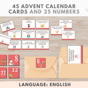 45 Advent Calendar Activity Cards, Numbers & Envelopes, Printable for Kids, Christmas Activities, Digital Download