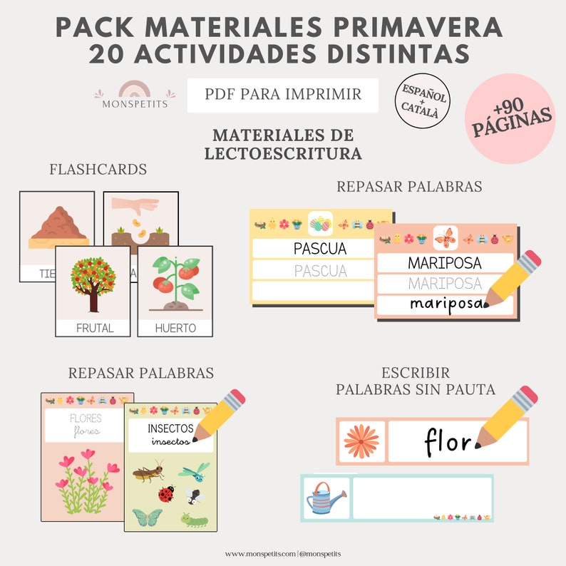 Mega Pack Materiales Primavera, 20 actividades, 90 páginas, Lectoescritura, Números, Imprimible, Español, Català, Educación, Homeschooling imagen 2