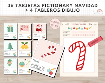 36 Tarjetas Pictionary Navidad, 4 Tableros para Pintar, Juego Navidad, Actividad en Familia, Educación Infantil, Imprimible, Español, Català