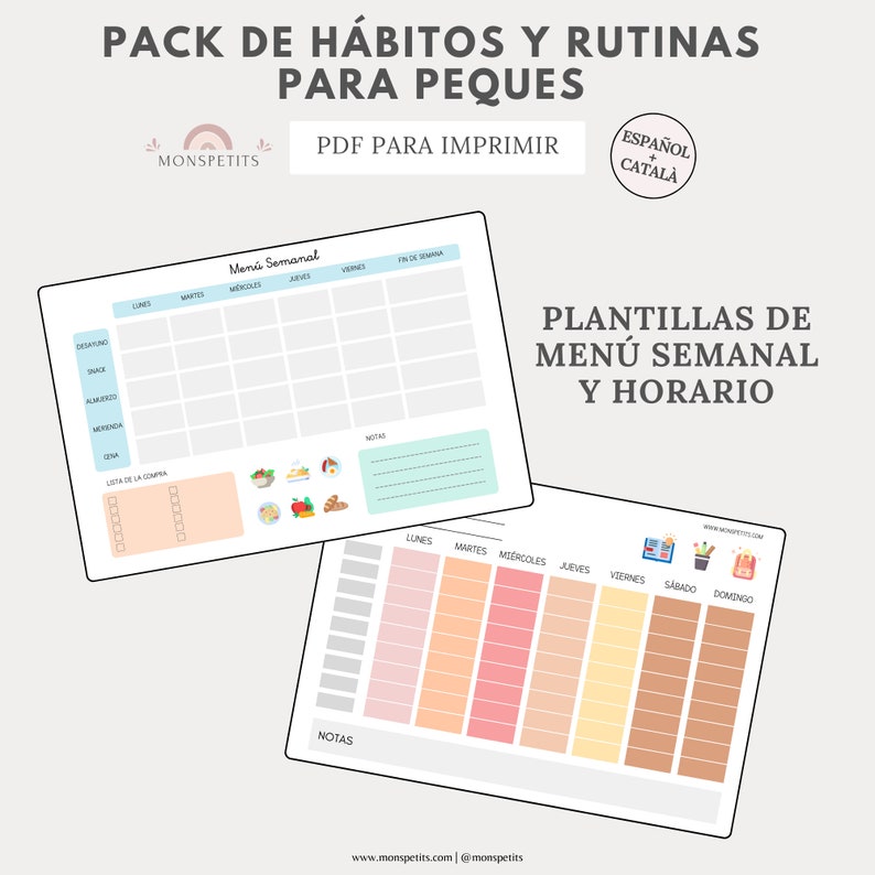 Pack Hábitos y Rutinas, Planificador Horario Niños, Organización, Español, Català, Imprimible Educativo, PDF Descarga Digital, Homeschooling imagen 4