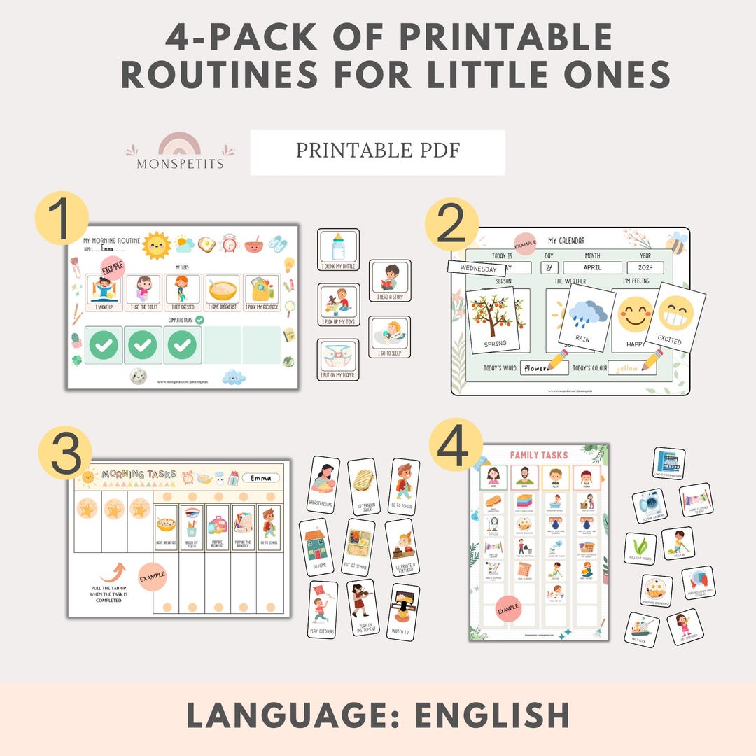 4 Printable Kids' Routines – Tasks, Habits, Calendar, PDF, Children's ...