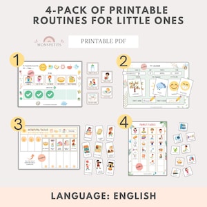 4 afdrukbare kinderroutines: taken, gewoonten, kalender, pdf, kinderplanner, Engels, downloaden, onderwijs, thuisonderwijs