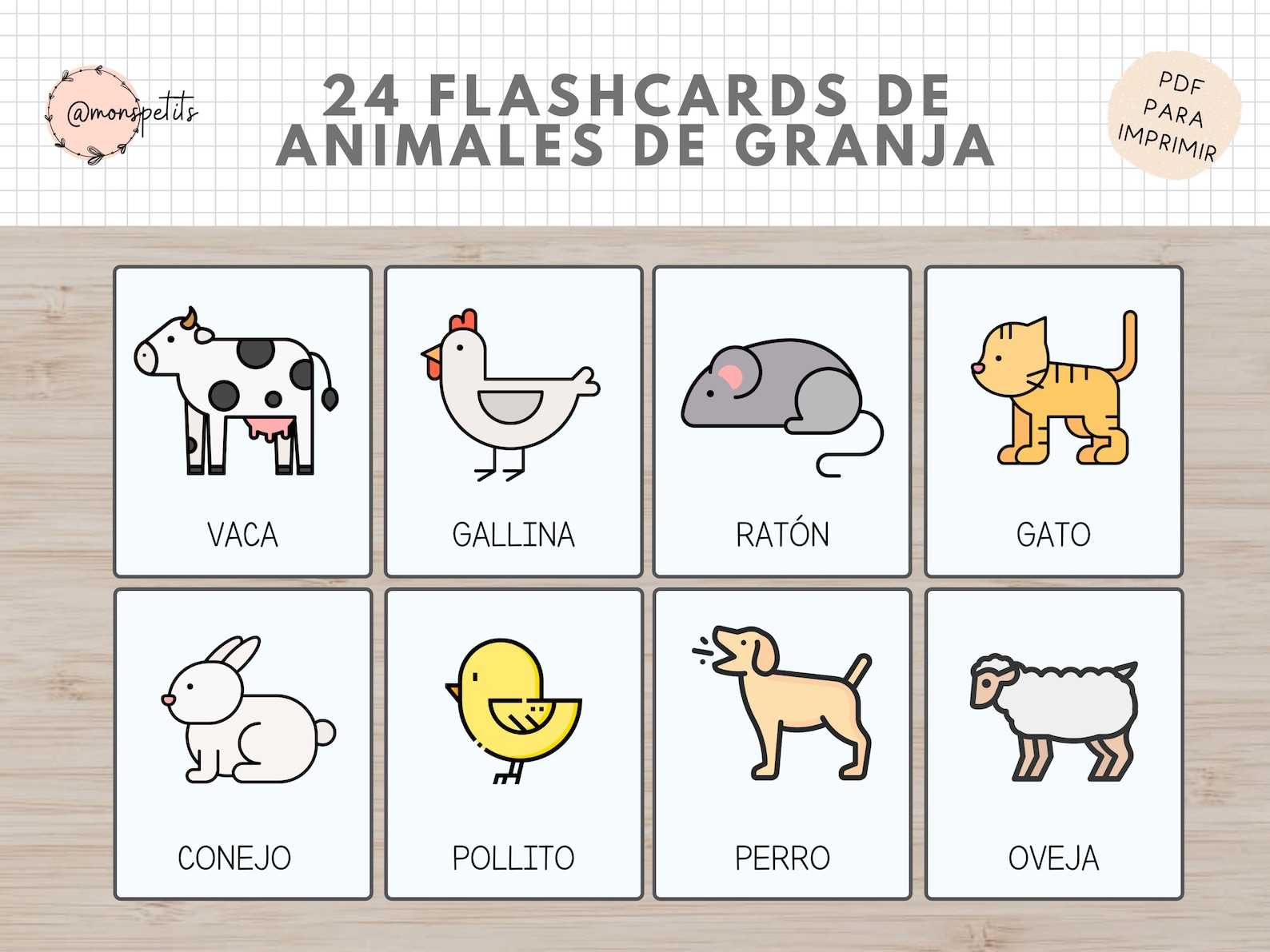 24 Flashcards Animales De Granja Castellano / Español Vocabulario