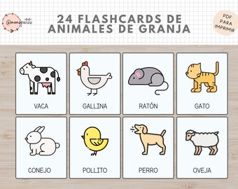 24 Flashcards Animales de Granja Castellano / Español - Vocabulario - Imprimible Educativo para Niños - Educacion Infantil