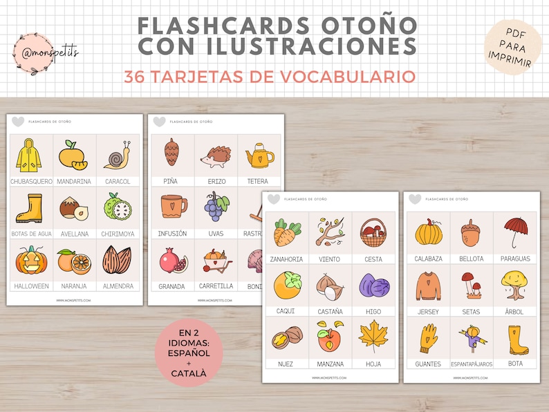 36 Flashcards Vocabulario Otoño, Dibujos, Imprimible Niños, Español i Català, Homeschooling, Descarga digital, Actividades Educacion imagen 3