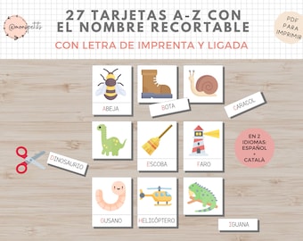 Tarjetas Abecedario con Nombre Recortable, Español, Catalán, Lectoescritura, Imprimible Niños, Homeschooling, Descarga digital, Educación