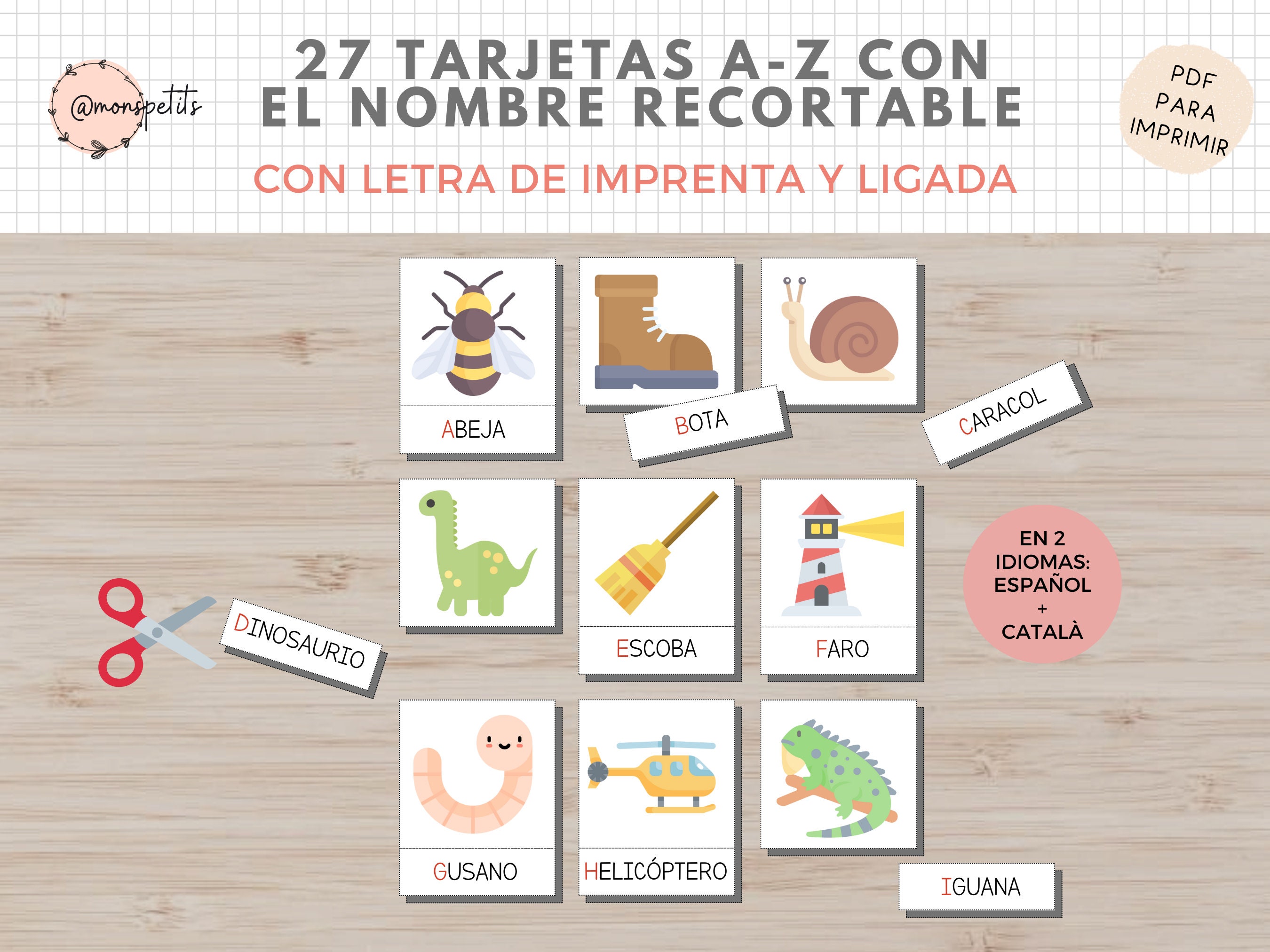 Tarjetas Abecedario Con Nombre Recortable, Español, Catalán