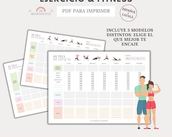Plantillas Fitness Workout, Gimnasio, Rutina Ejercicio Imprimible, Planner, Bullet Journal, Cuidado Personal, Descarga PDF, Español, Català