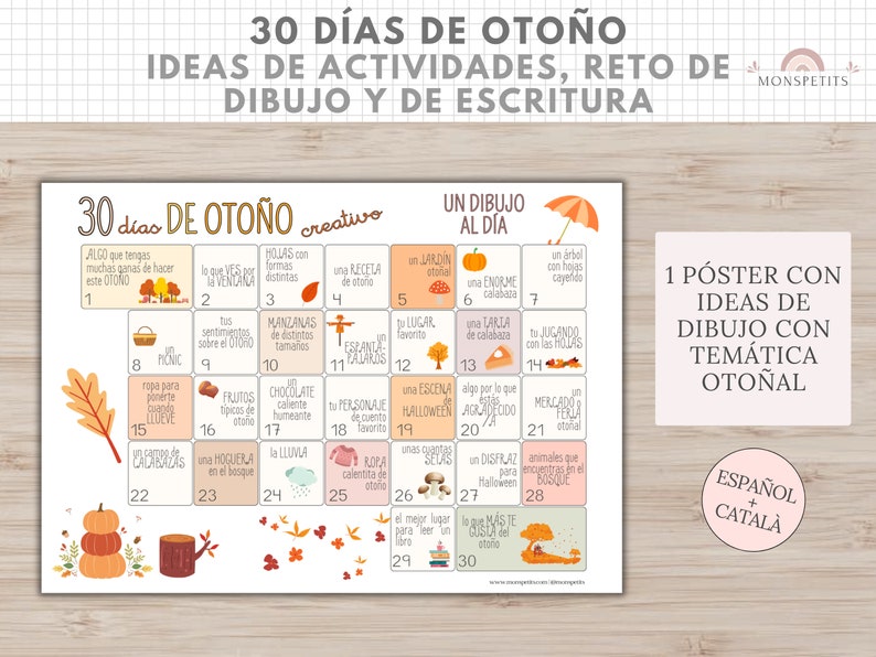 30 días de Otoño, Ideas Actividades para Niños, Reto Escritura y Dibujo, Descarga Digital, Imprimible Educativo, Español, Català, Educación imagen 3