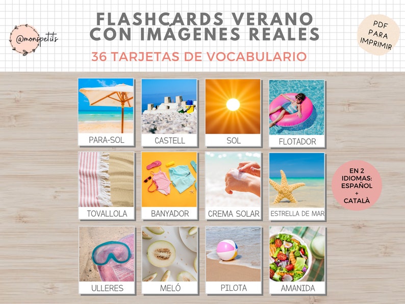 36 Flashcards Vocabulario Verano, Imágenes Reales, Imprimible Niños Español i Català, Homeschooling, Descarga digital, Actividades Educacion image 2
