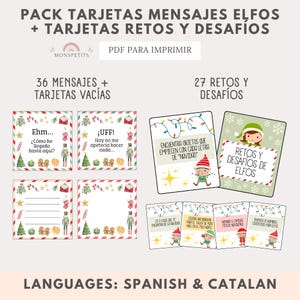 以下が含まれることがあります： スペイン語とカタロニア語で印刷可能なクリスマスエルフカードのセット。カードには、エルフ、ジンジャーブレッドマン、クリスマスツリーのイラストが描かれています。カードにはメッセージ、チャレンジ、そしてあなた自身のメッセージを書くための空白のカードが含まれています。