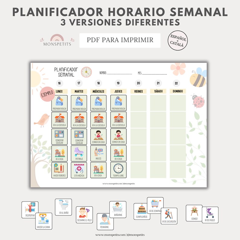 Planificador Horario Semanal, Imprimible Niños, Rutinas, Organización Familiar, Español, Català, Descarga Digital, Educación, Homeschooling imagen 1