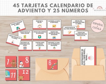 45 Tarjetas Actividades Calendario de Adviento, Números Sobres Calendario, Español, Català, Imprimible Niños, Actividades Navidad, Descarga