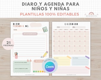 Diaro y Agenda 100% Editable para niños, Imprimible A4, Journal, Español, Plantilla Canva, Organizador, Planner, Educación, Homeschooling