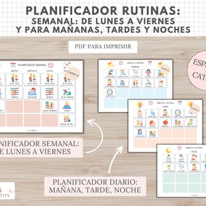 Planificador de Rutinas, Diario y Semanal, Lunes a Viernes, 100 tarjetas acciones, Español, Català, Educación Infantil, Imprimible Niños PDF