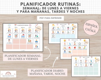 May include: A set of printable daily and weekly routine planners in Spanish and Catalan. The planners feature colorful illustrations and text, with sections for morning, afternoon, and evening activities. The design includes a weekly planner and a daily planner.