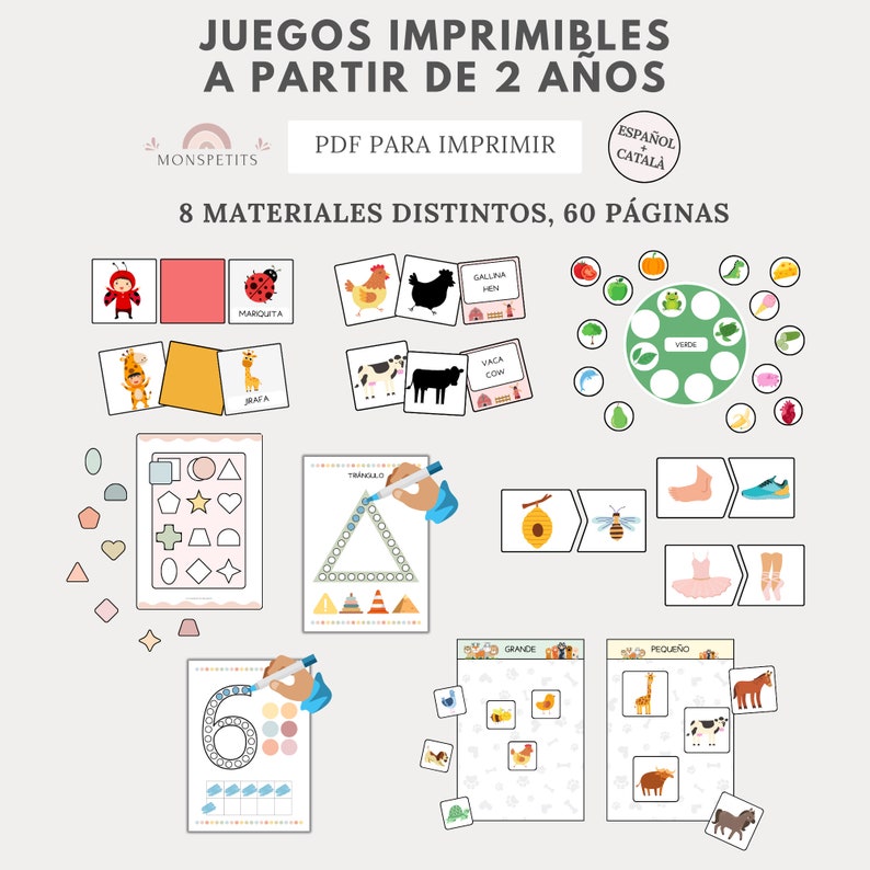 Juegos Imprimibles 2 Años, Aprendizaje Colores, Formas, Animales, Números, Educación Infantil, Descarga PDF, Español, Català, Homeschooling imagen 1