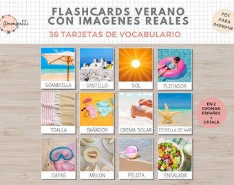 36 Flashcards Vocabulario Verano, Imágenes Reales, Imprimible Niños Español i Català, Homeschooling, Descarga digital, Actividades Educacion