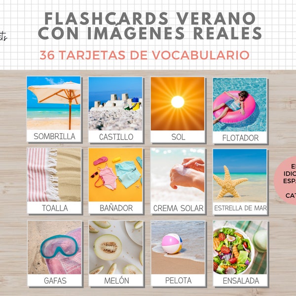 36 Flashcards Vocabulario Verano, Imágenes Reales, Imprimible Niños Español i Català, Homeschooling, Descarga digital, Actividades Educacion