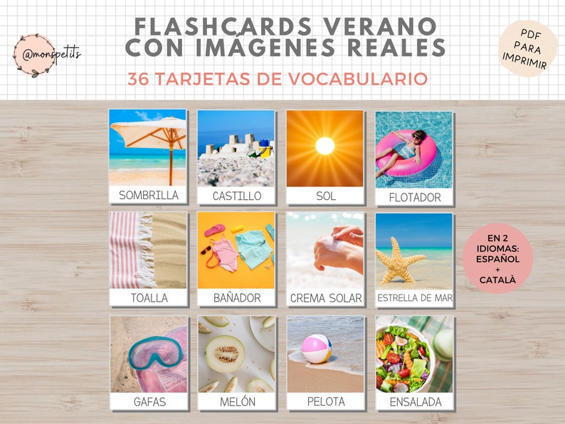 36 Flashcards Vocabulario Verano, Imágenes Reales, Imprimible Niños Español i Català, Homeschooling, Descarga digital, Actividades Educacion image 1