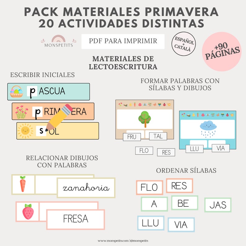 Mega Pack Materiales Primavera, 20 actividades, 90 páginas, Lectoescritura, Números, Imprimible, Español, Català, Educación, Homeschooling imagen 3